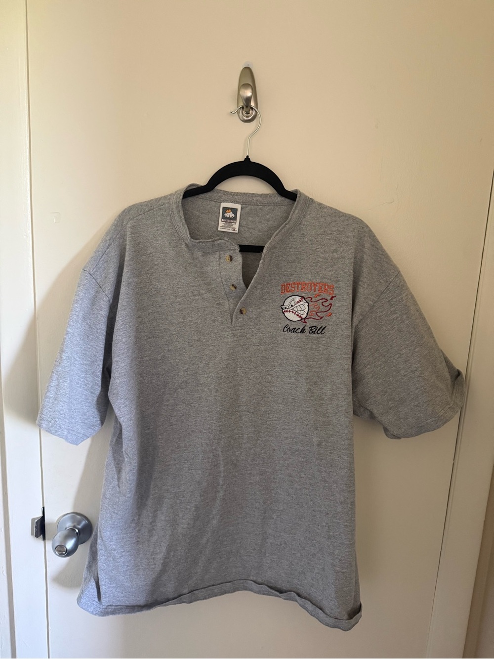 Vintage Gray Henley Short-Sleeve Shirt - Coach Bill Embroidery